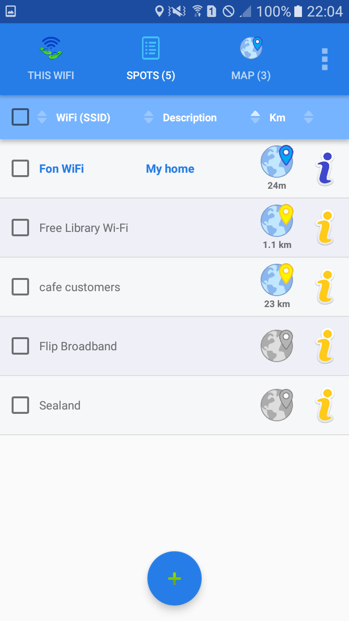 FlipFlop WiFi Helper saved WiFi spots screen